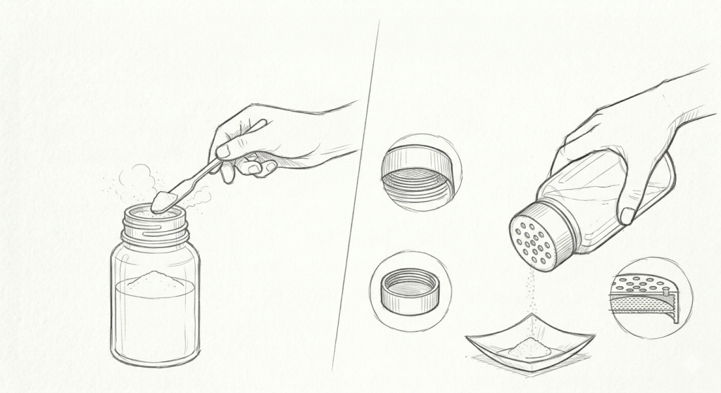 心配ご無用！スパチュラ不要！粉末試薬用ディスペンスキャップ