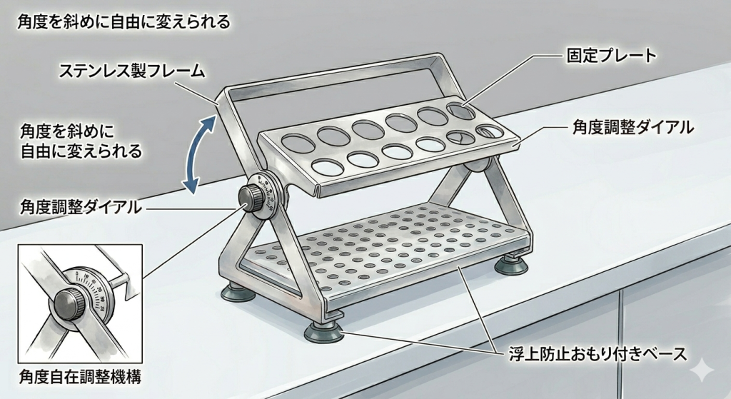 【角度自在】浮上防止機能付き・ステンレス　遠沈管ラック
