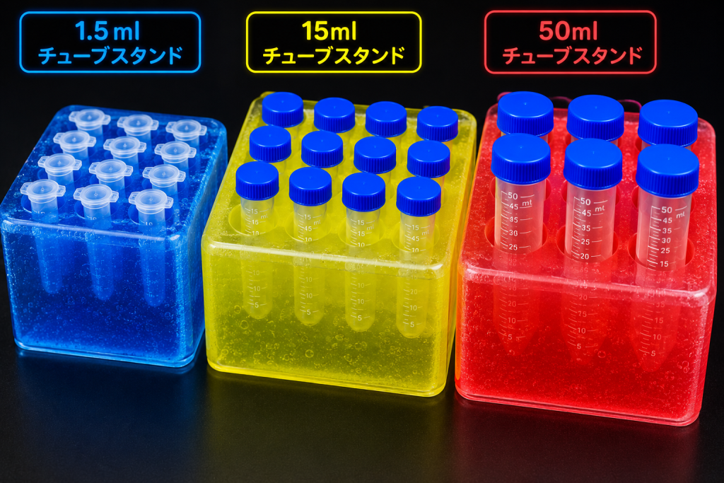 保温素材(保温ジェル)で作られた1.5mLチューブ, 15mLチューブ, 50mLチューブスタンド